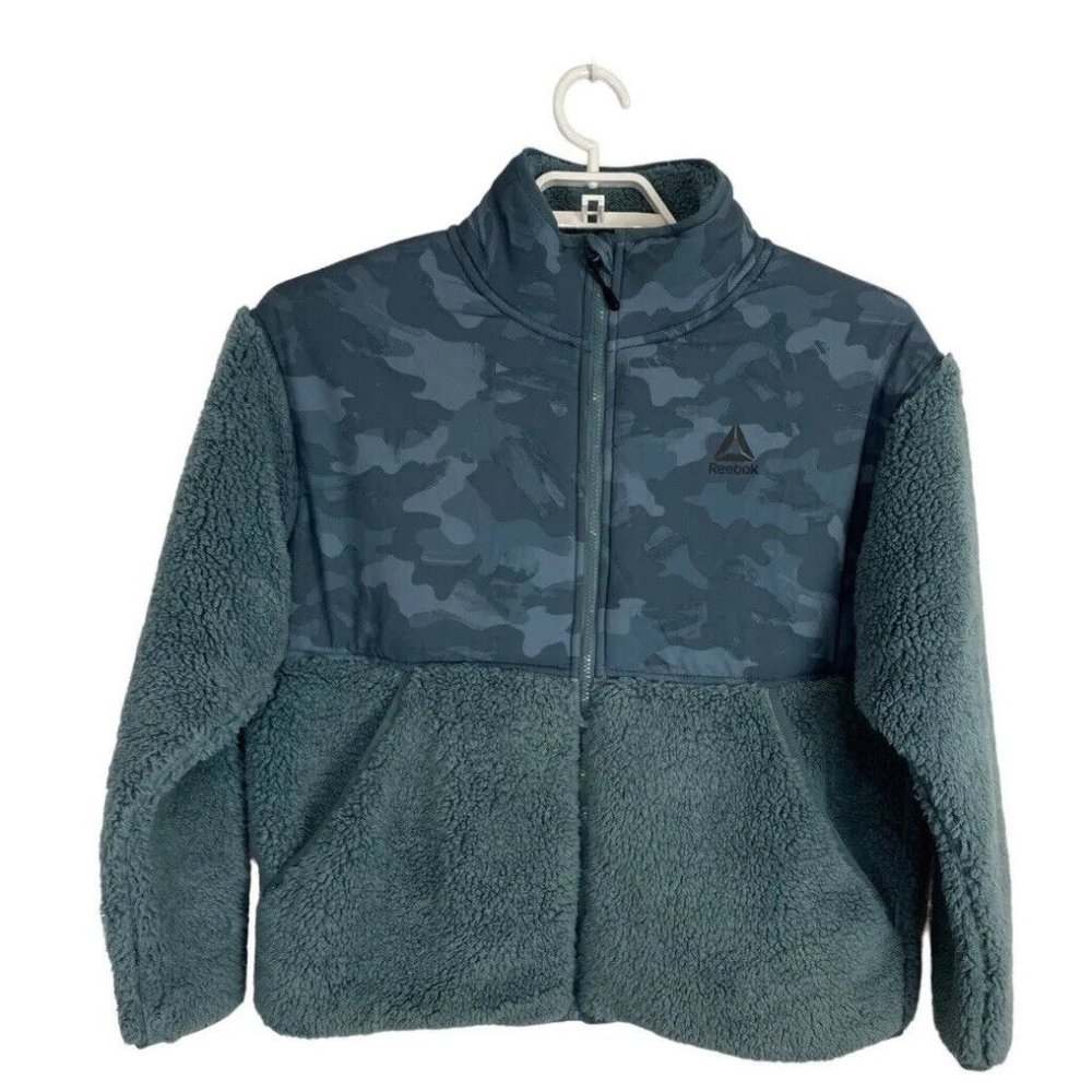 Reebok Womens Jacket Adult Size Large Teal Green Camo Long Sleeve Pocket Fleece